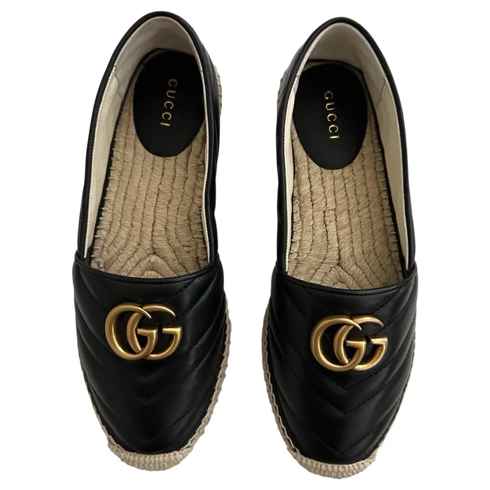Gucci Nappa Quilted Charlotte GG Marmont Espadrilles in Black 37.5 | US 7.5